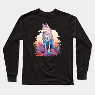 Colorful Wolf With Flowers Long Sleeve T-Shirt